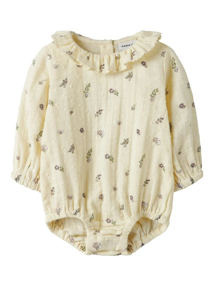 Gul blomsterprint babybody med rynkete ermer og krage, myk ullblanding for spedbarn