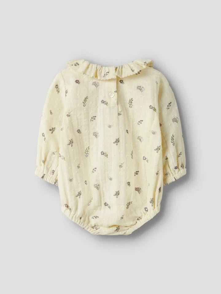 Gul blomsterprint babybody med ruffelkrage og lange ermer, myk barneklær for spedbarn