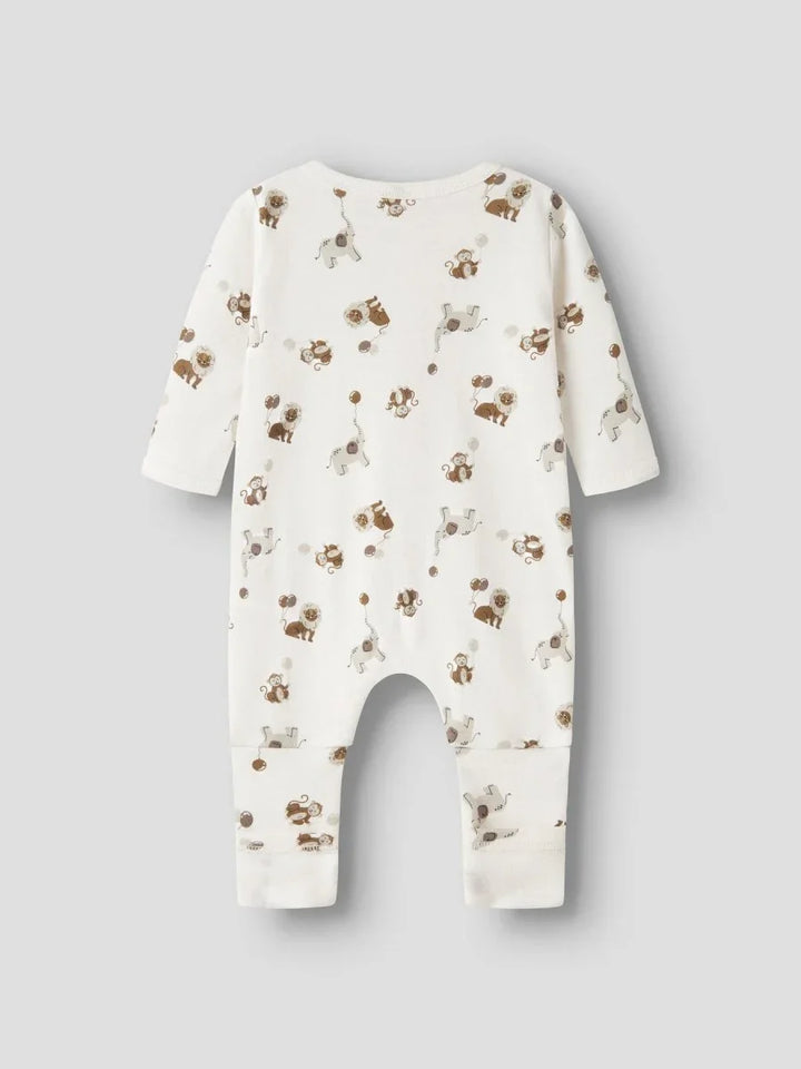 Hvit babybody med dyremønster i brun, myk barneklær for spedbarn