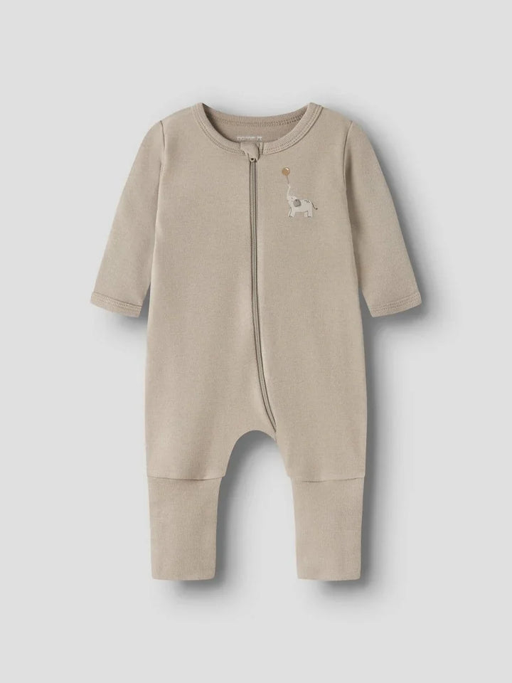 Beige babystrampler med elefantmotiv og full glidelås, myk ullblanding for spedbarn 0-8 år