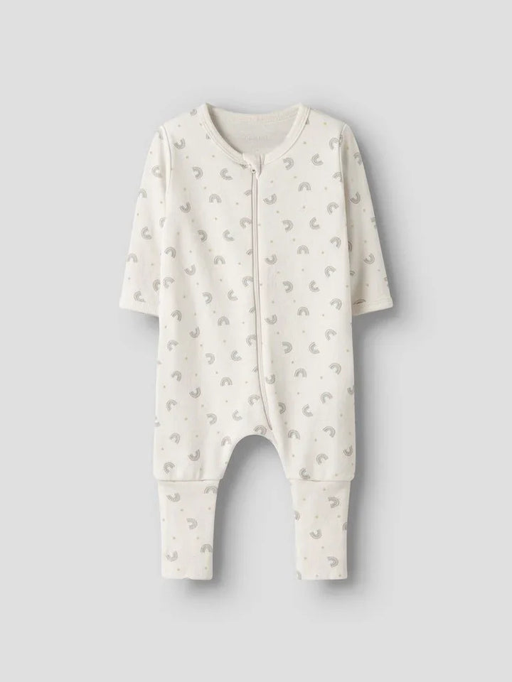 Myk babybody med regnbueprint, perfekt for spedbarn 0-8 år. Bærekraftig barneklær med full glidelås.