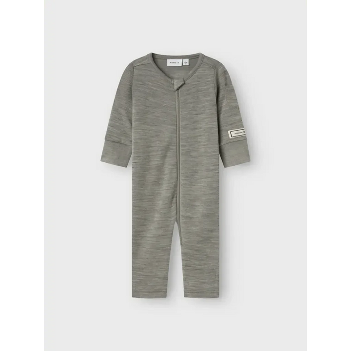 Grå merket babybody med full glidelås, myk ullblanding for spedbarn 0-8 år