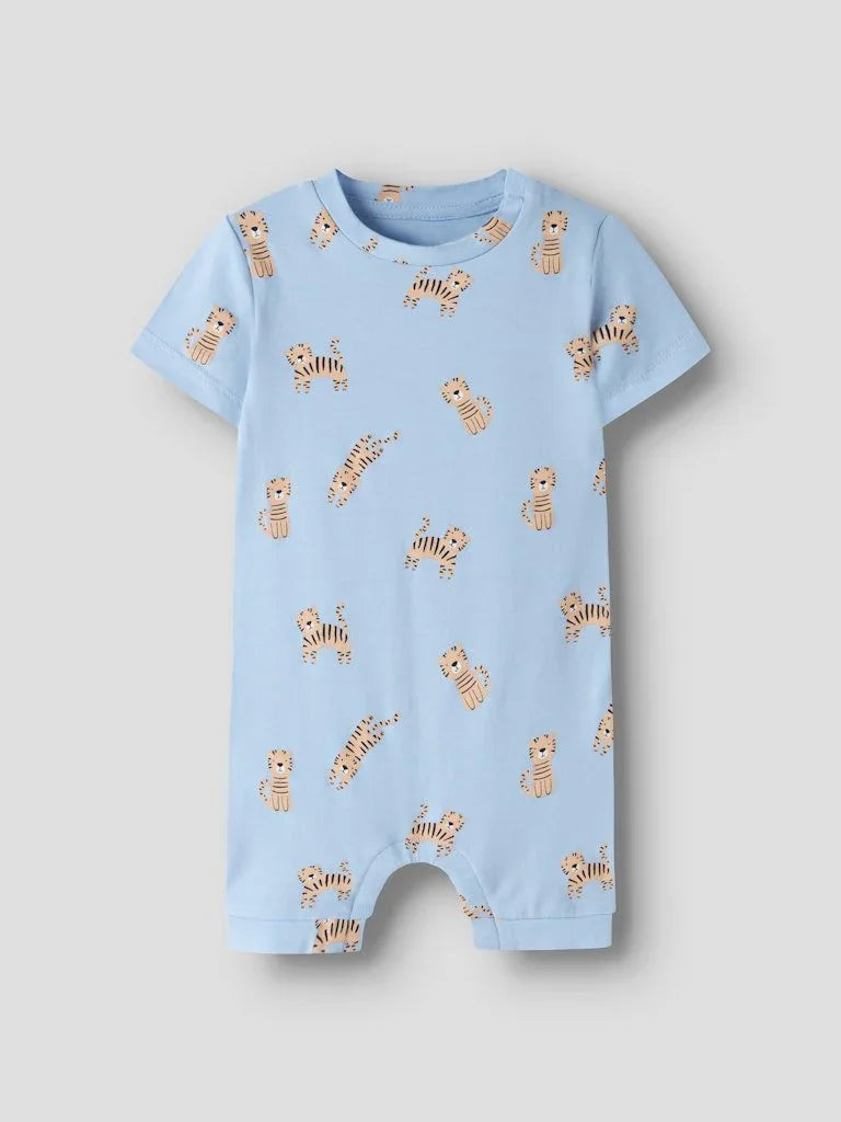 Lysblå babyromper med gulltigerprint, myk og bekvem for spedbarn 0-8 år
