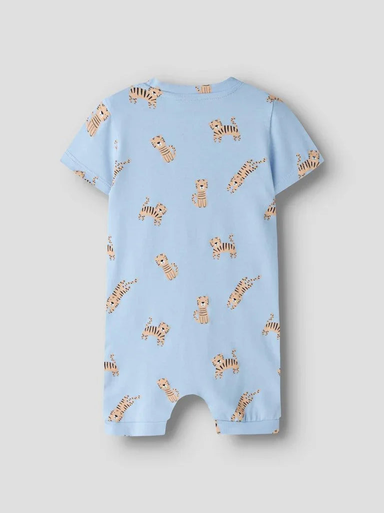 Lysblå babyromper med gulltigermønster, myk barneklær for spedbarn