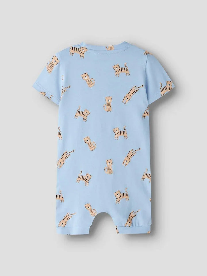 Lysblå babyromper med gulltigermønster, myk barneklær for spedbarn