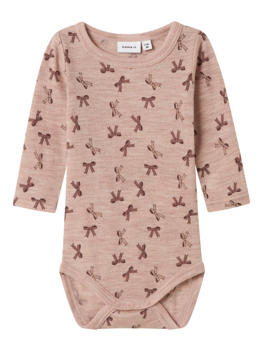 name it baby WANG WOOL RIB LS BODY AOP - Shadow Gray | Bows | Torgunns Barneklær AS
