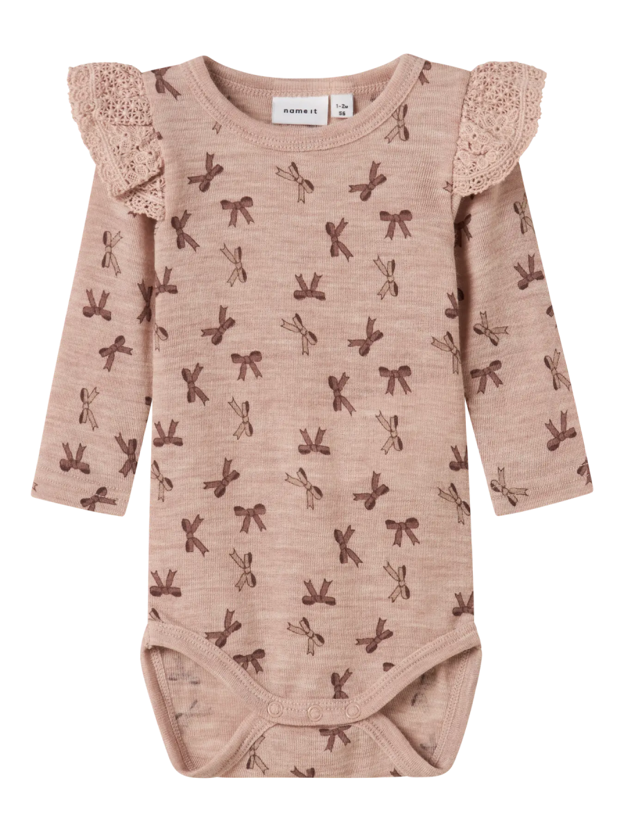 name it baby WANG WOOL RIB LS BODY AOP W/FLOUNCE - Shadow Gray | Bows | Torgunns Barneklær AS