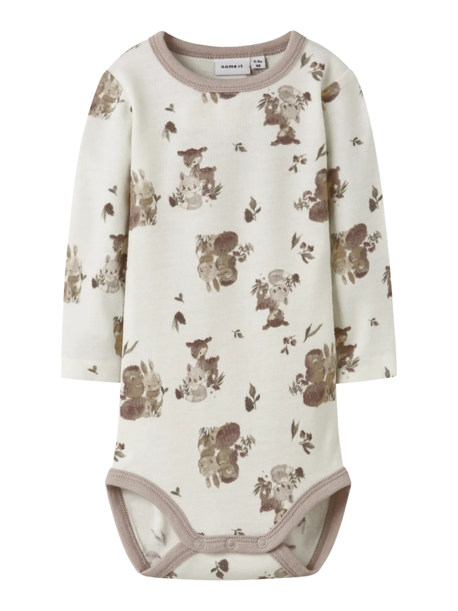 name it baby WILLU WOOL LS BODY - Snow White | Forest animals | Torgunns Barneklær AS