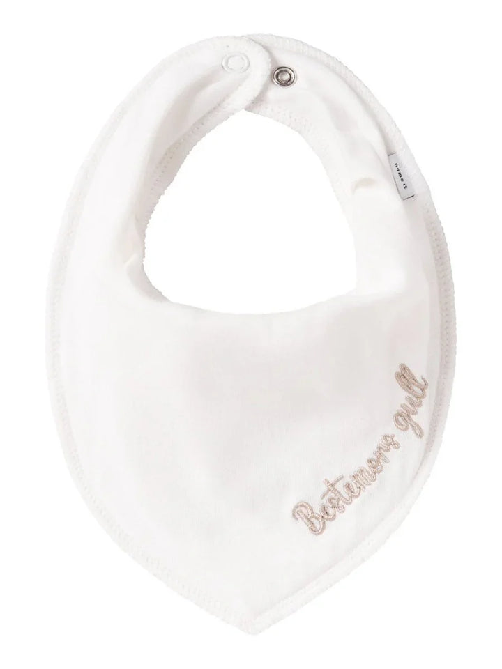 Hvit babyhette med brodert tekst &