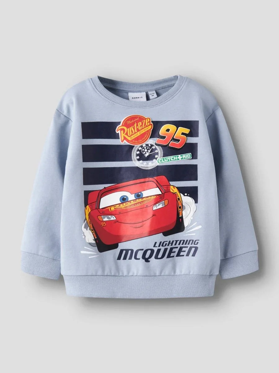 Lysblå barne genser med Lightning McQueen bilprint, perfekt for små bilerelskere