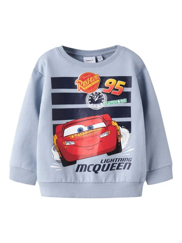 Lysblå genser med Lightning McQueen bil, 95 og Rust-eze logo for små barn