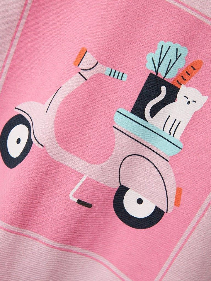 Rosa barneklær med tegnet motorsykkel og katt, myk ull og bærekraftig design for spedbarn og småbarn