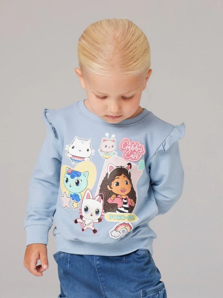 Lysblå barnesweater med Gabby Cat-trykk og ruffler, myk barneklær for små jenter