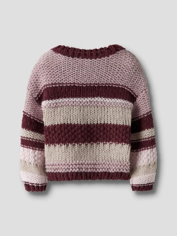 Myk strikket genser for barn med rødlilla og beige striper, perfekt barneklær i ull