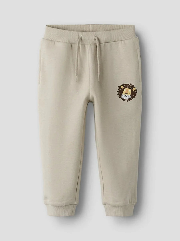 Beige barnesweatbukser med løveprint, myke og komfortable for små barn