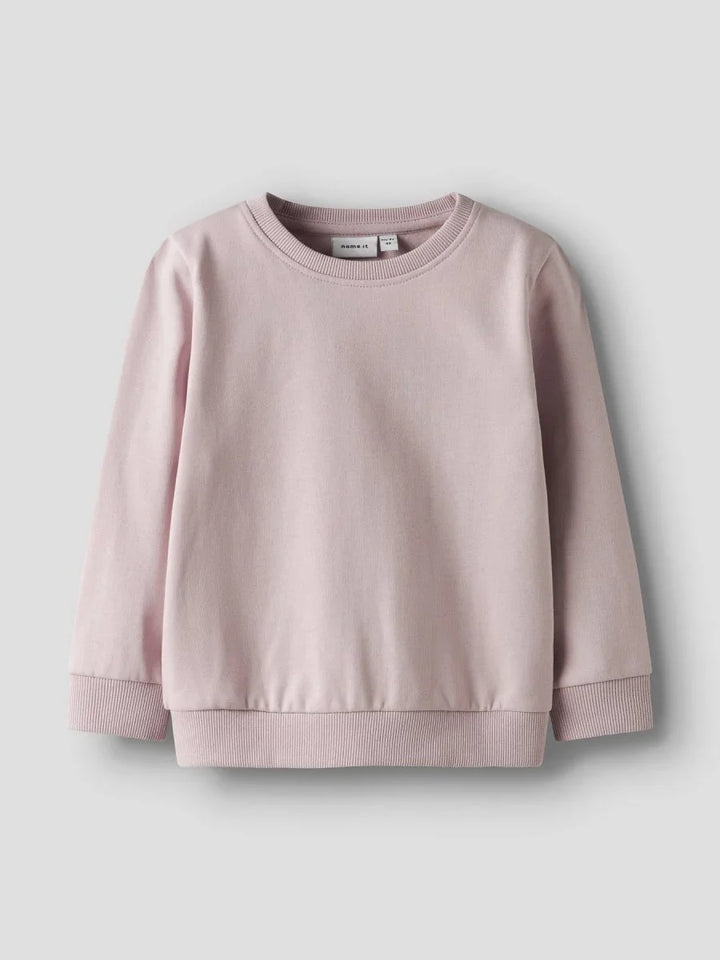Lysrosa barnesweater med runde ermer og ribbet kant, myk og bekvem barneklær for små barn