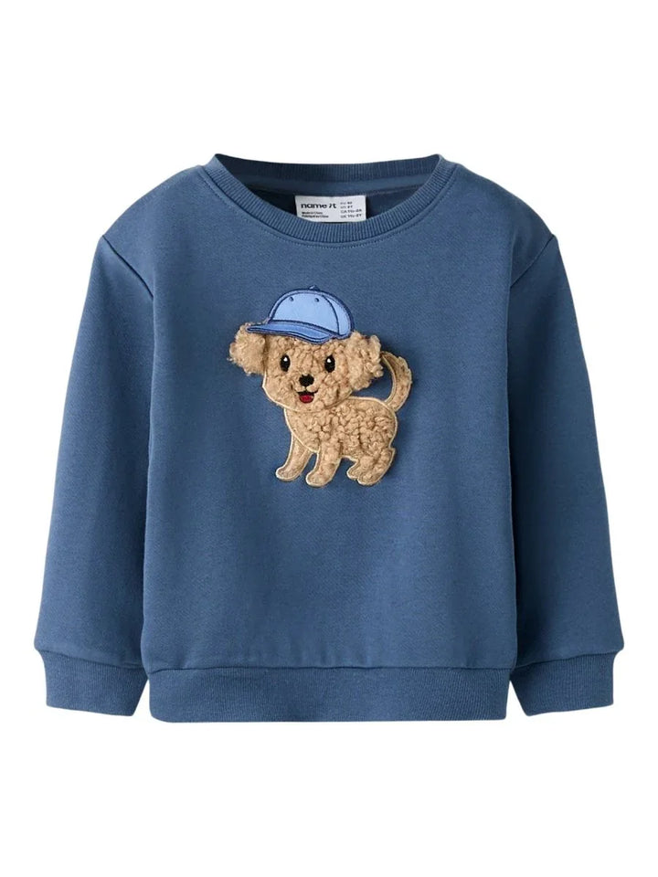 Blå barnesweater med søt hundepatch i ull, myk og varm barneklær for små barn