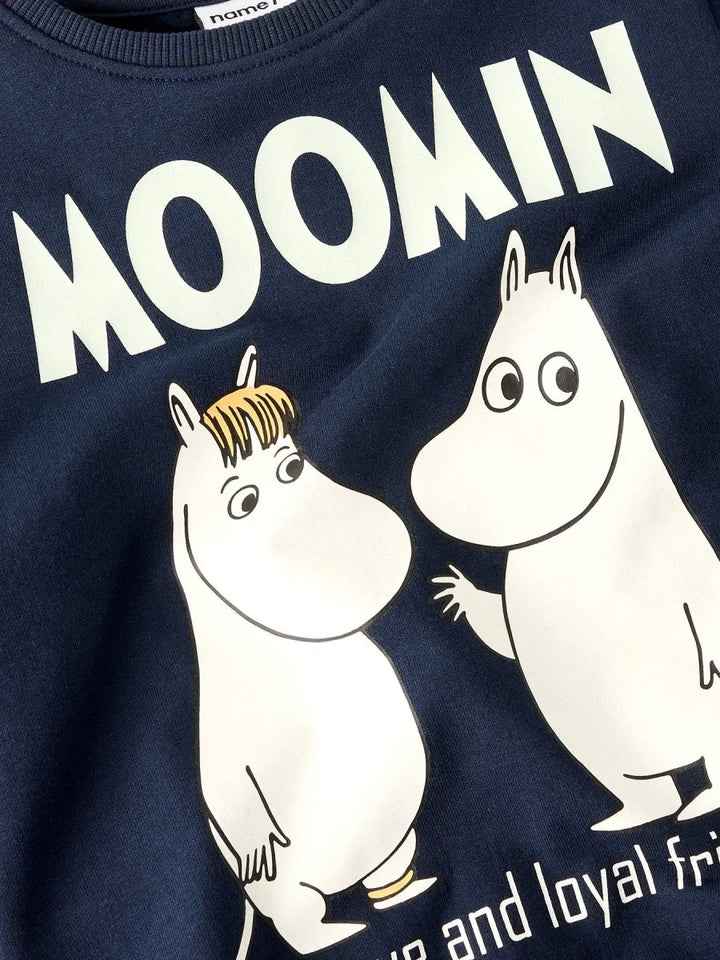Moomin barneklær med Moomin og Snorkmaiden på mørkeblå genser, myk ull og bærekraftig design