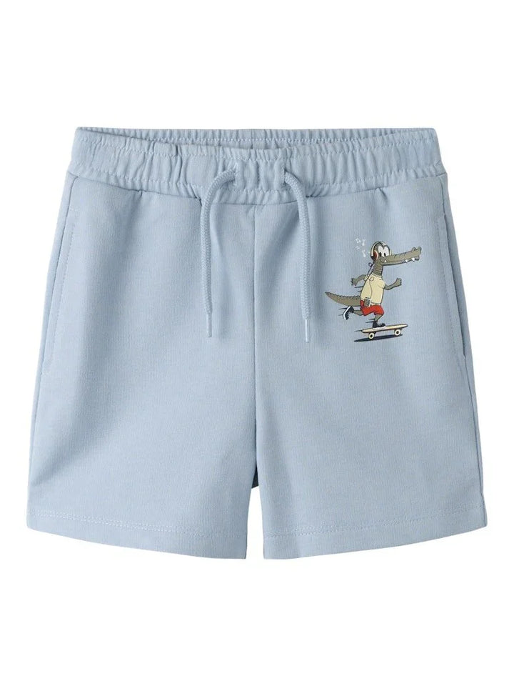 Lysblå barneshorts med krokodille på skateboard, myk bomull for små barn