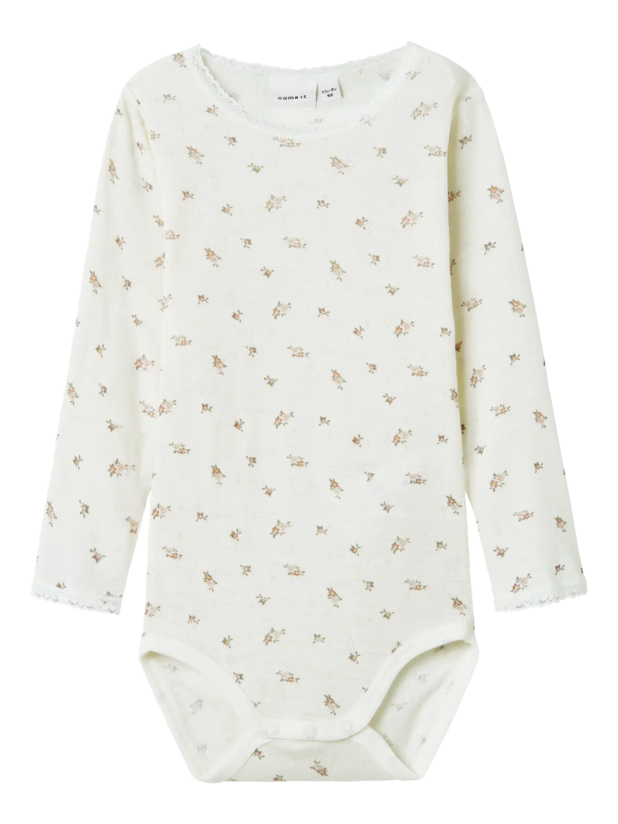 name it mini WANG WOOL NEEDLE LS BODY - Snow White | Small flowers | Torgunns Barneklær AS