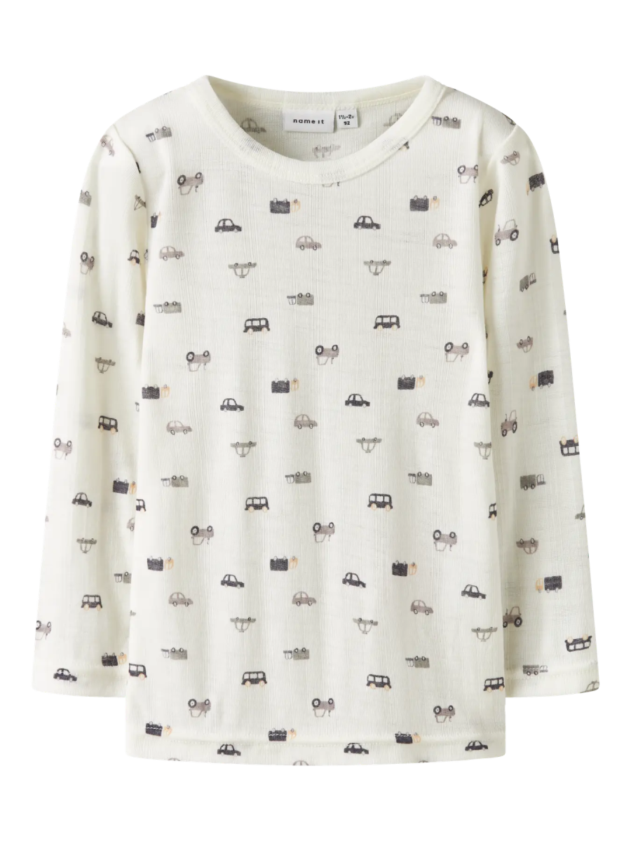 name it mini WANG WOOL NEEDLE LS TOP NOOS - Snow White | Small cars | Torgunns Barneklær AS