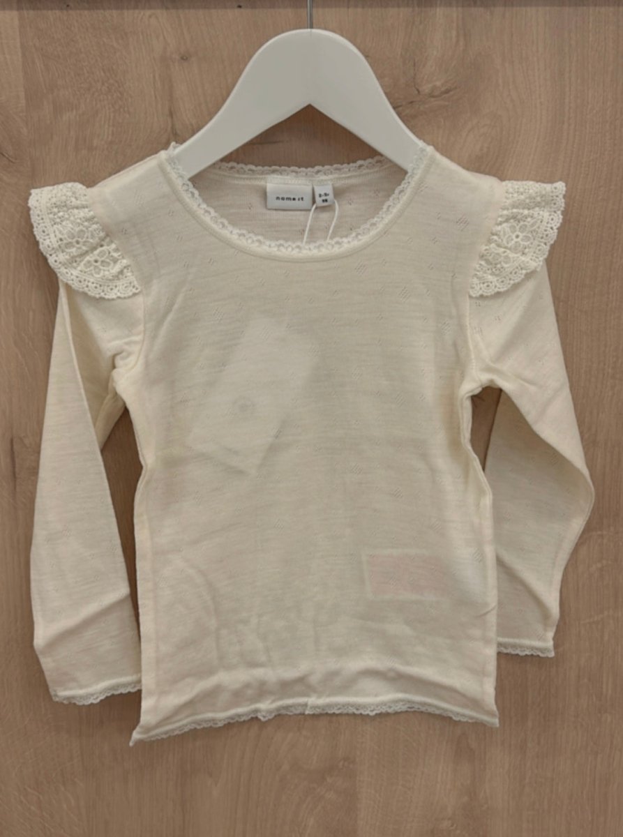name it mini WANG WOOL NEEDLE LS TOP W/FLOUNCE - Snow White Solid | Torgunns Barneklær AS