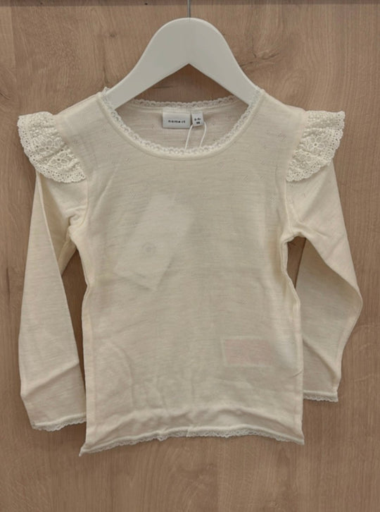 name it mini WANG WOOL NEEDLE LS TOP W/FLOUNCE - Snow White Solid | Torgunns Barneklær AS