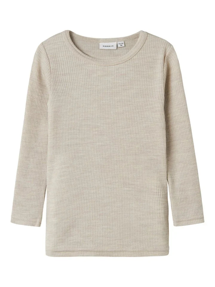 Beige ribbet langærmet barnebluse i myk ullblanding for 0-8 år