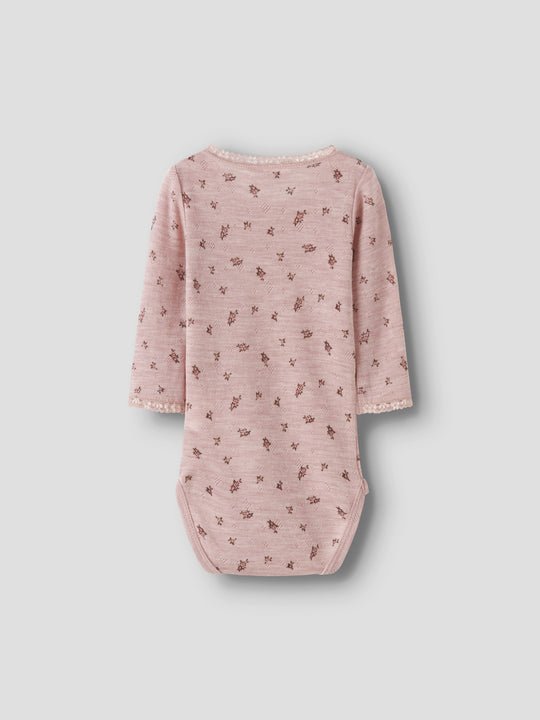 name it baby WANG WOOL NEEDLE LS BODY NOOS - Shadow Gray | Small flowers - Torgunns Barneklær AS