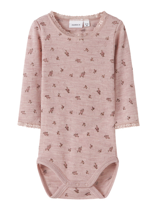name it baby WANG WOOL NEEDLE LS BODY NOOS - Shadow Gray | Small flowers - Torgunns Barneklær AS