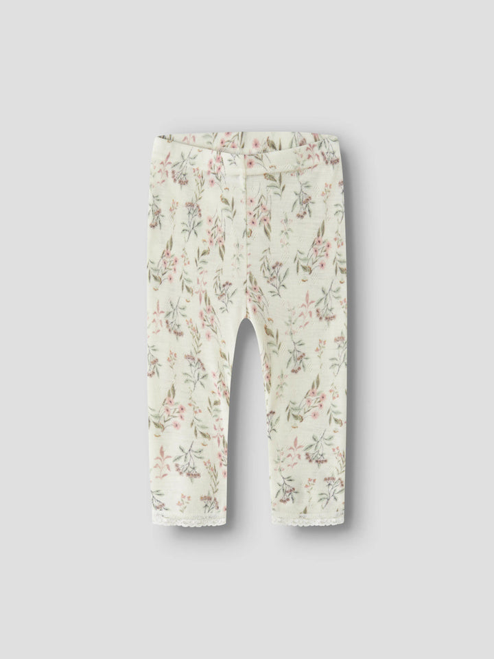 name it baby WANG WOOL Needle Leggings noos - Snow White | Flowers &amp; Leafs