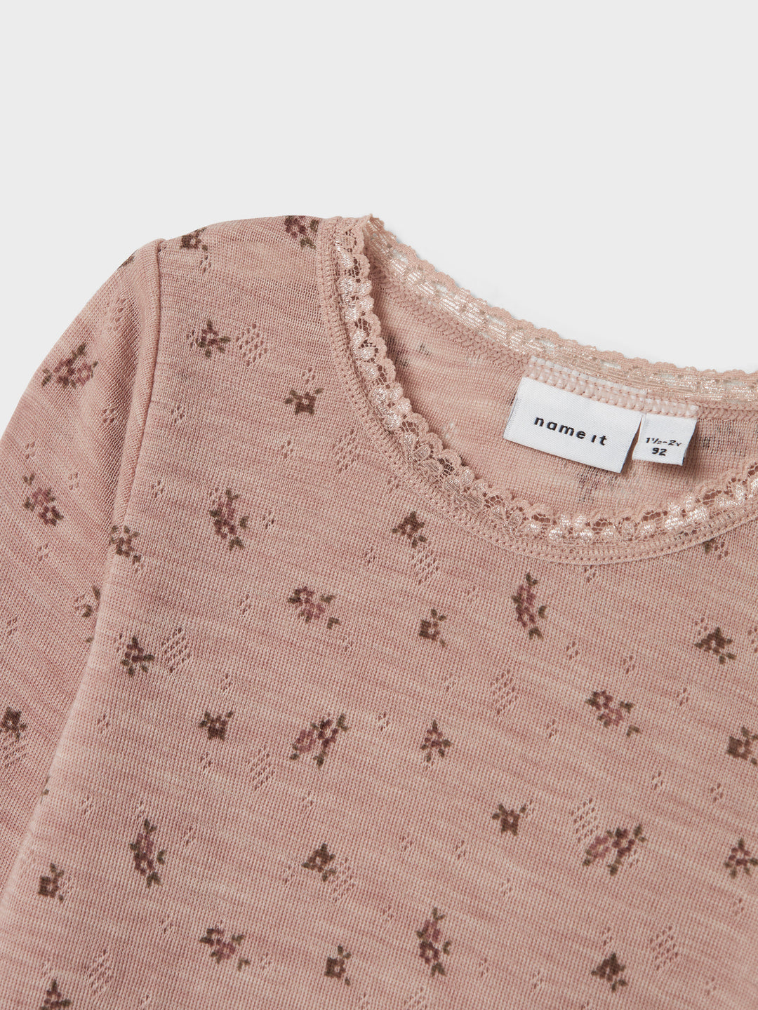 name it mini WANG WOOL NEEDLE LS BODY - Shadow Gray | Small flowers - Torgunns Barneklær AS