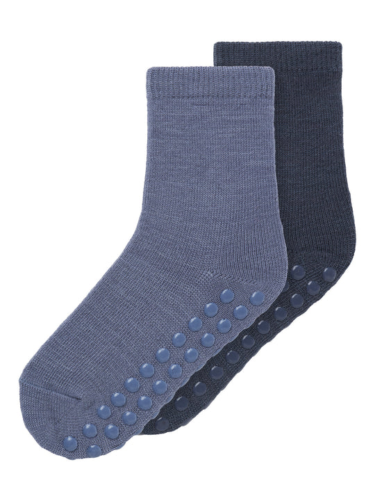 name it mini WOOL WAK 2PK ANTISLIP SOCK - Folkstone Gray - Torgunns Barneklær AS