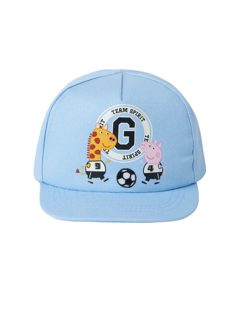Lysblå barnebaseballkappe med Peppa Gris og sjiraff i fotballutstyr, 'Team Spirit' logo