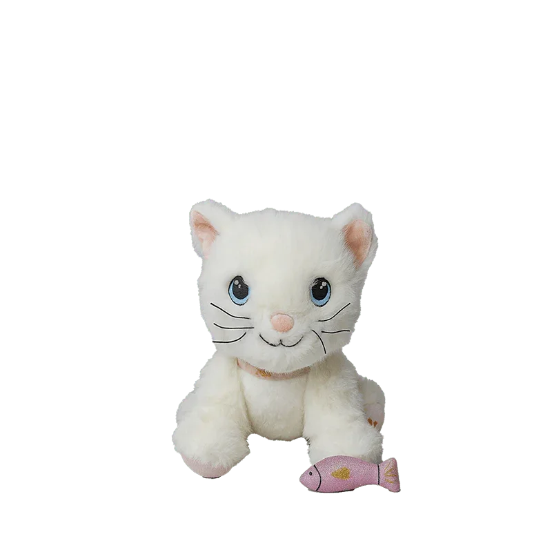 Hvit plys katt med blå øyne og rosa fisk, myk barneleketøy for spedbarn og småbarn