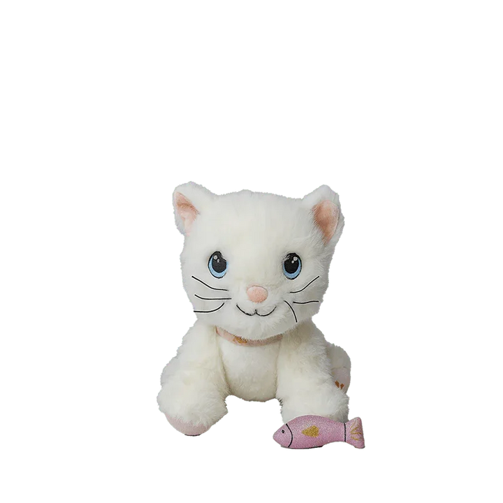 Hvit plys katt med blå øyne og rosa fisk, myk barneleketøy for spedbarn og småbarn