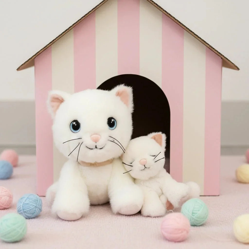 Myke plys katter for barn, hvit katt med liten kattunge foran rosa striper hus, perfekt babyutstyr