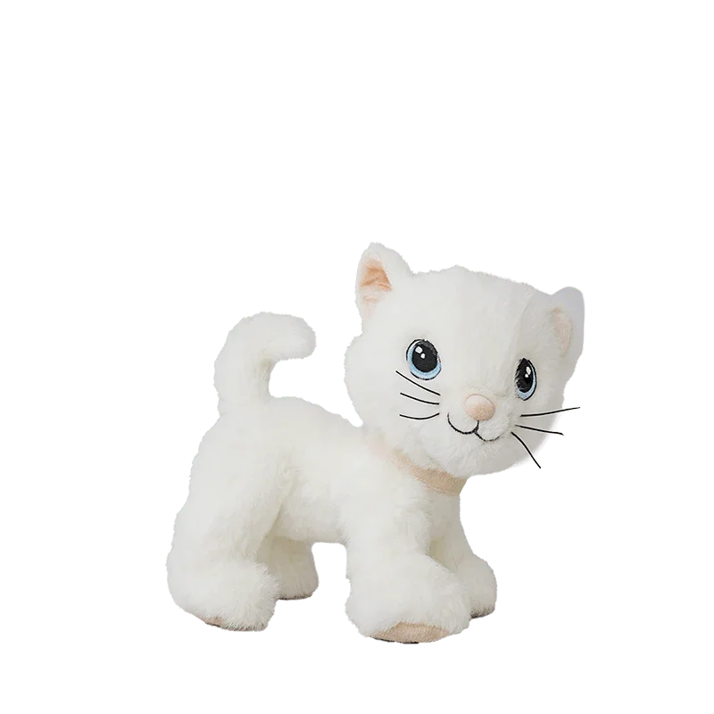 Myk hvit plys katt med blå øyne, perfekt som babygave eller barneleketøy