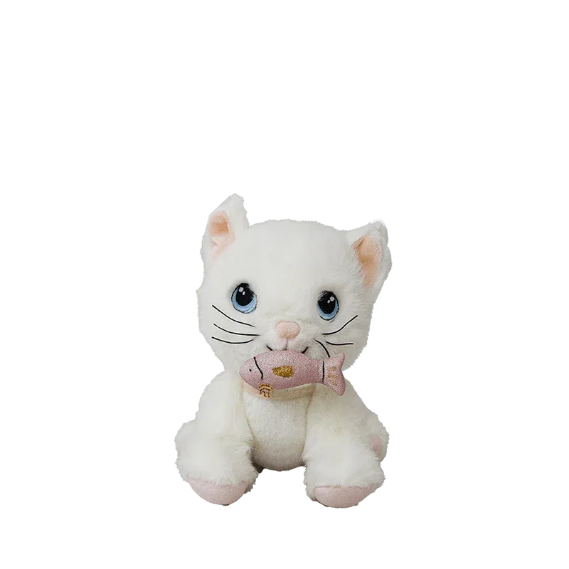 Hvit plys katt med blå øyne og rosa fisk, myk barneleketøy for spedbarn og småbarn