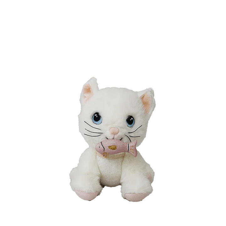 Hvit plys katt med blå øyne og rosa fisk, myk barneleketøy for spedbarn og småbarn