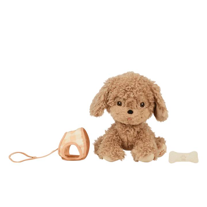 Myk plys hund med halsbånd og bein, perfekt babygave og barneleketøy