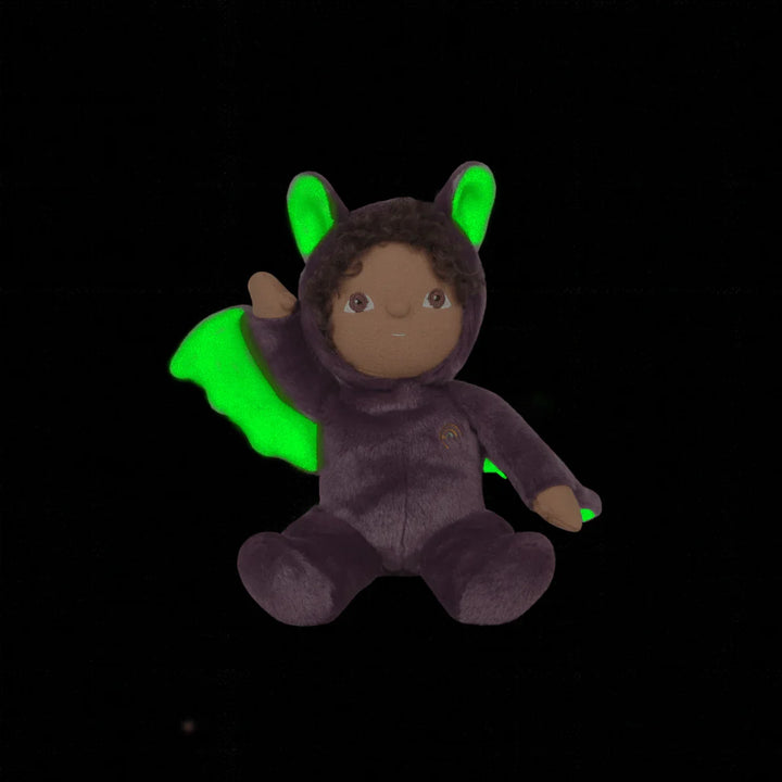 Glow-in-the-dark bat plush toy for kids, soft purple with green wings and ears, perfect baby gift
