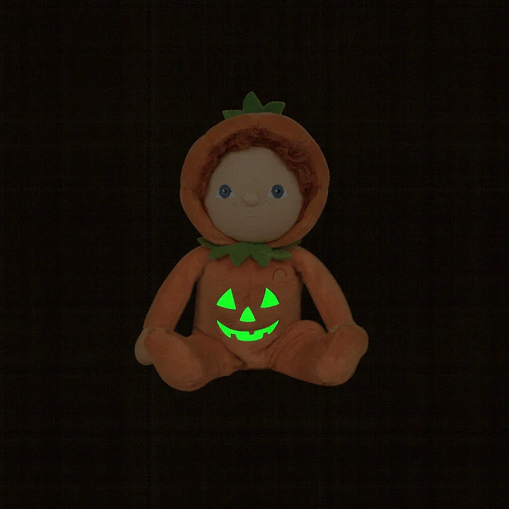 Glow-in-the-dark pumpkinsukke for barn, myk og trygg leketøy med lysende ansikt