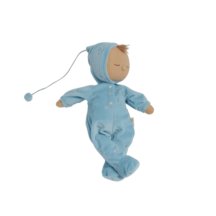 Myk blå plysdukke i stjernemønstret onesie med hette og trekkord, perfekt babygave