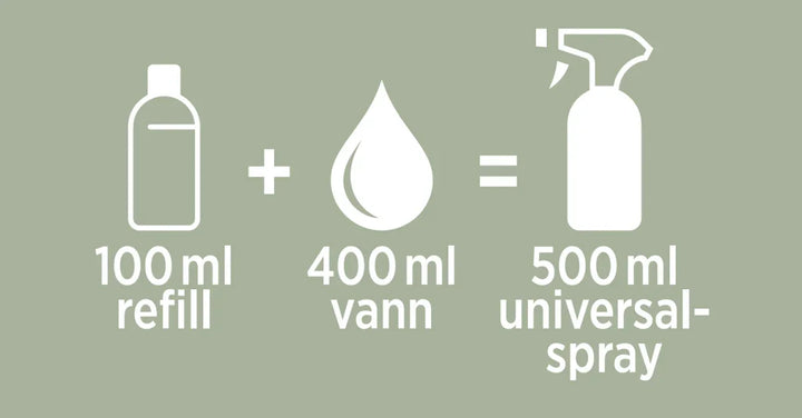 100 ml refill + 400 ml vann = 500 ml universal-spray, bærekraftig løsning for barneklær og babyutstyr