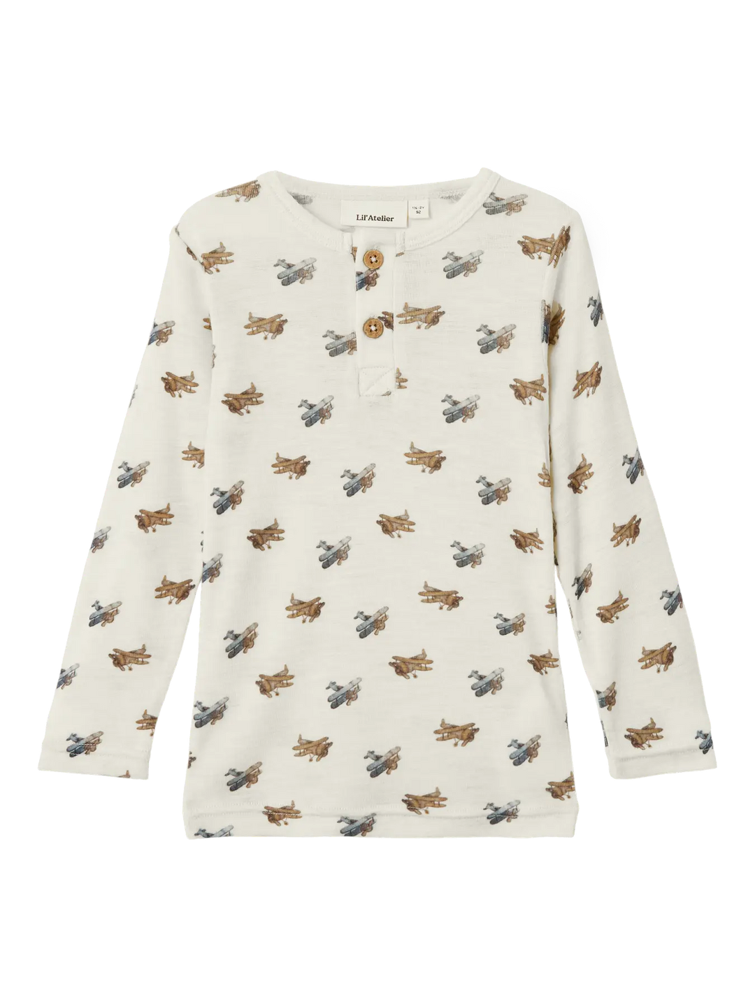 Lil' Atelier Mini WOOL NALU LS SLIM TOP - Turtledove Melange | Airplane - Torgunns Barneklær AS