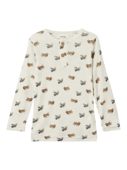 Lil' Atelier Mini WOOL NALU LS SLIM TOP - Turtledove Melange | Airplane - Torgunns Barneklær AS