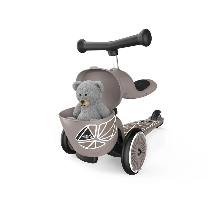 Grå barneskuter med korg og nissebjørn, Scoot &amp; Ride Highwaykick 3 i 1