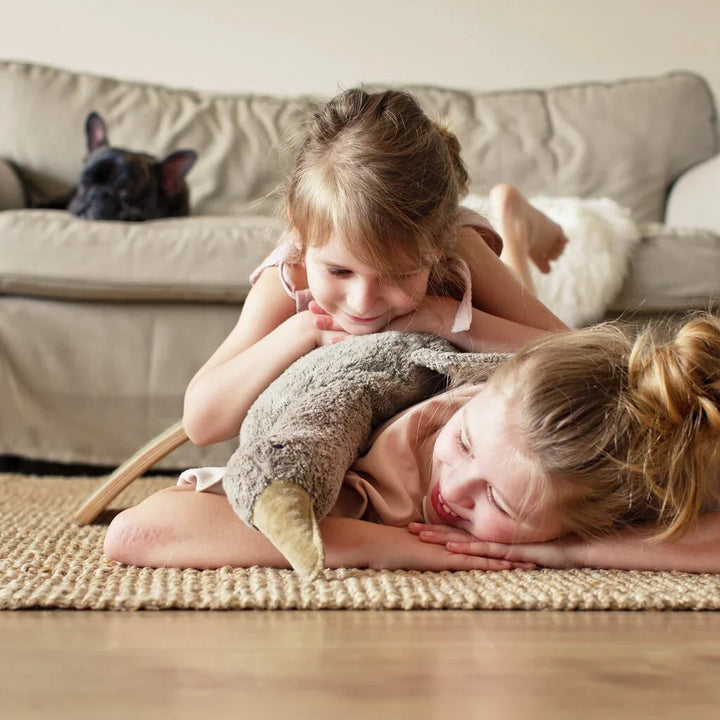 To små jenter leker med plysdyr på gulvet, myke barneklær og hjemmekomfort