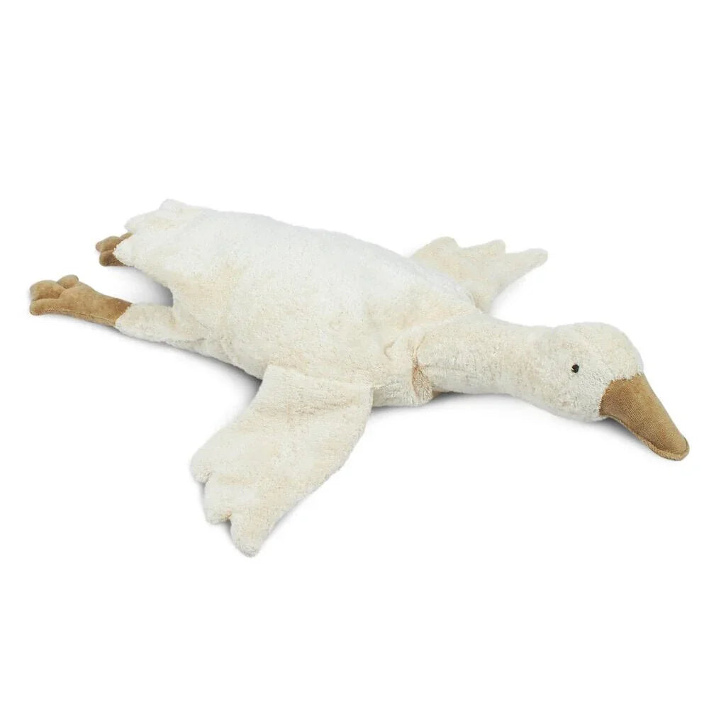 Myk hvit plys and med beige nebb og føtter, perfekt som leketøy for spedbarn og småbarn.